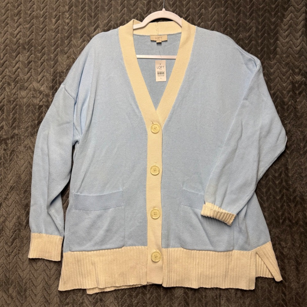 LOFT Outlet Cardigan Sweater XL Blue New Colorblock V-Neck Pockets (2045)